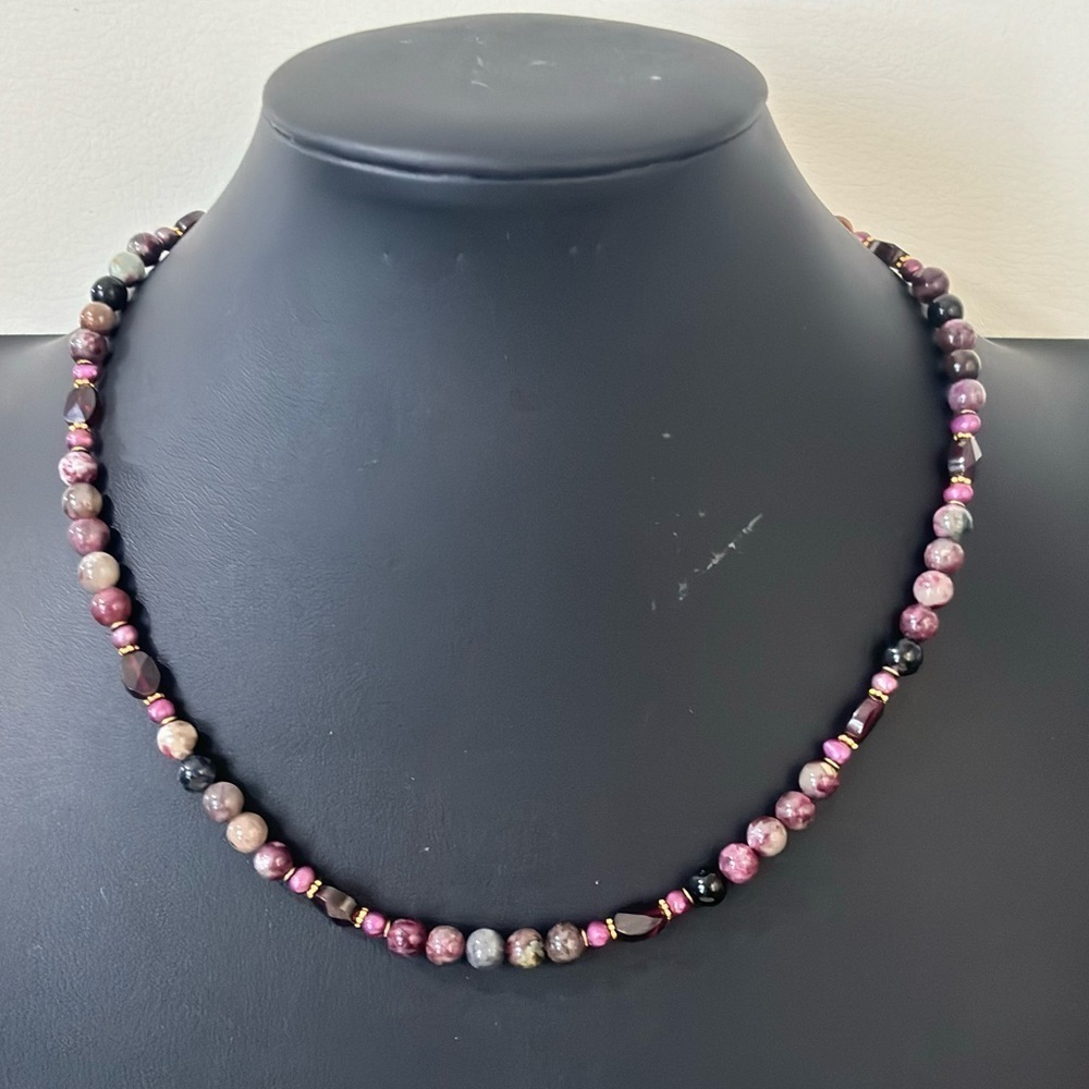 Rodonite stones with crystal faceted beads vintage necklace